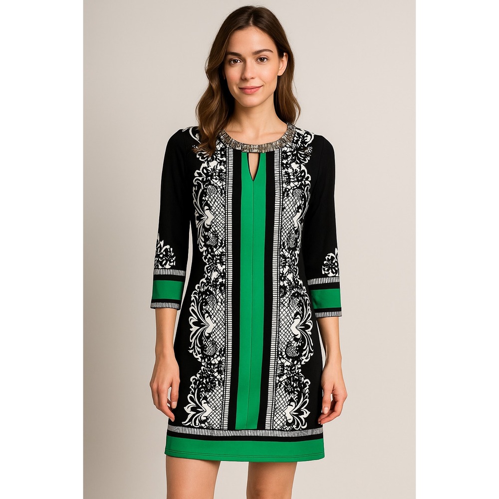 Maria Gabrielle Shift Dress Womens M Multi Baroque‎ Print Metallic Embellishment